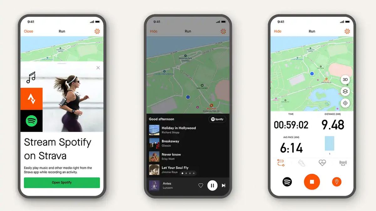 Screen shots of the new Strava and Spotify integration