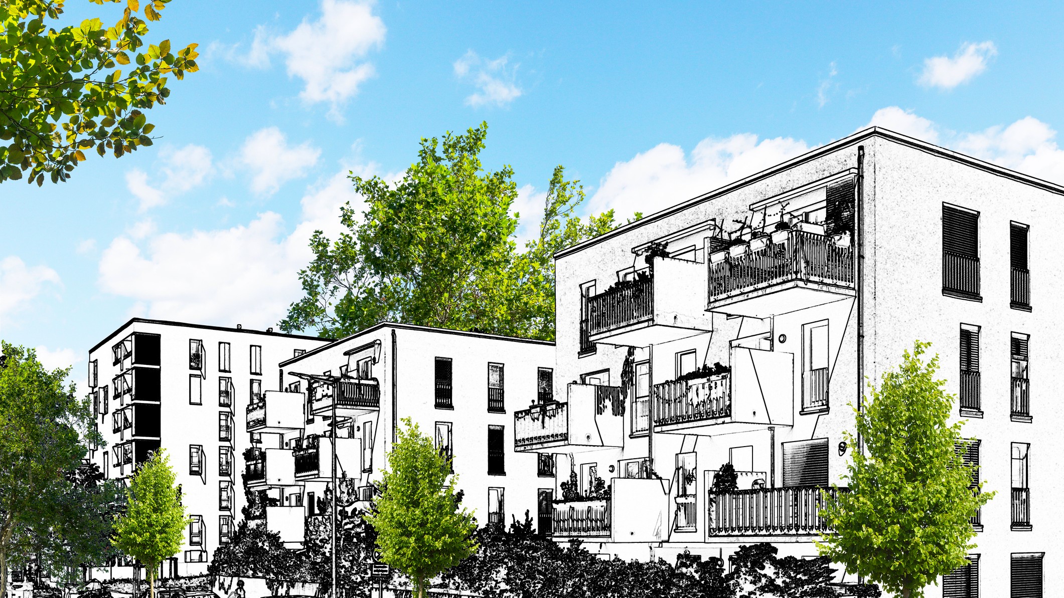 Sketch or architectural rendering of a residential area with modern apartment buildings and a new green urban landscape in the city.