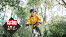 A girl riding a kids bike