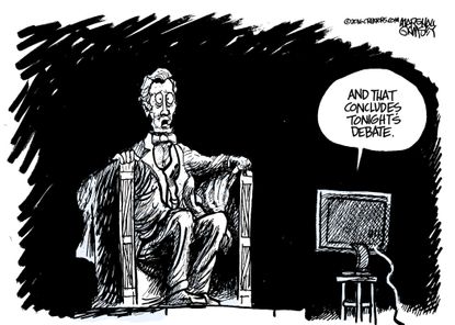 Political cartoon U.S. 2016 election presidential debate Abraham Lincoln