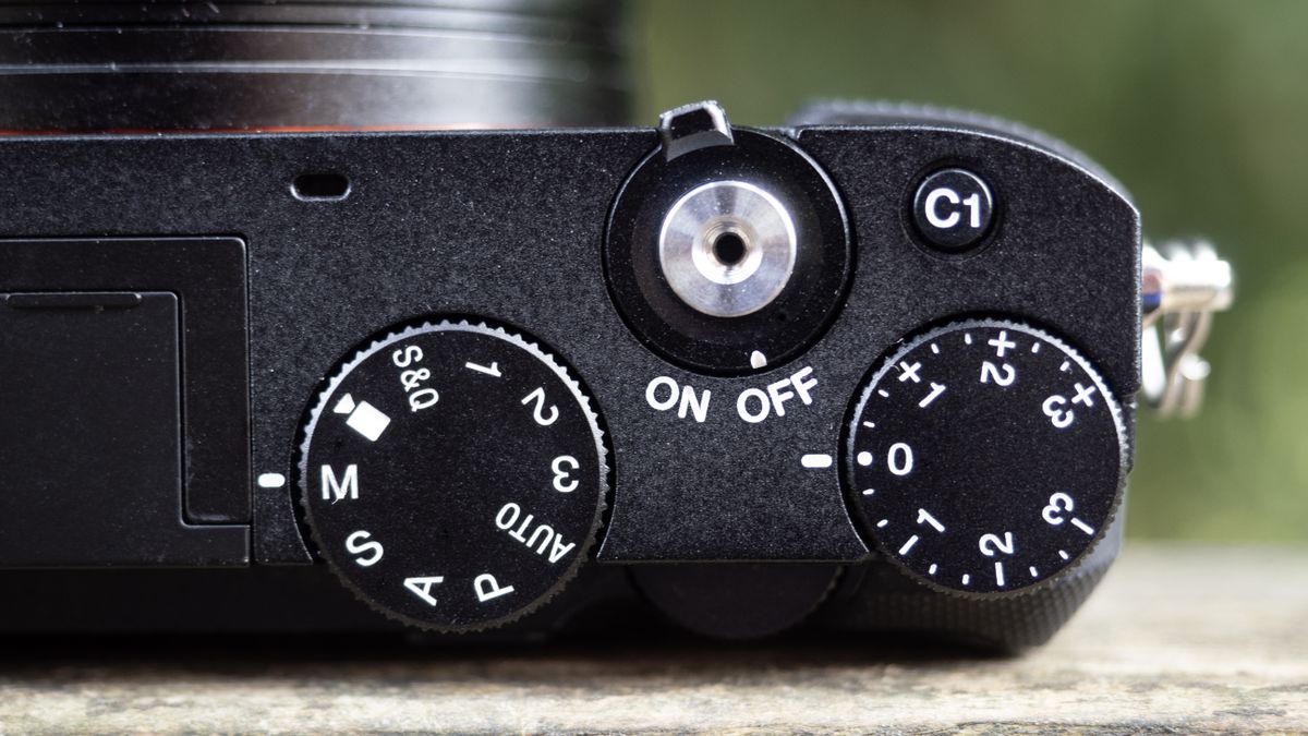 Sony RX1R III on a wooden surface in a woodland environment