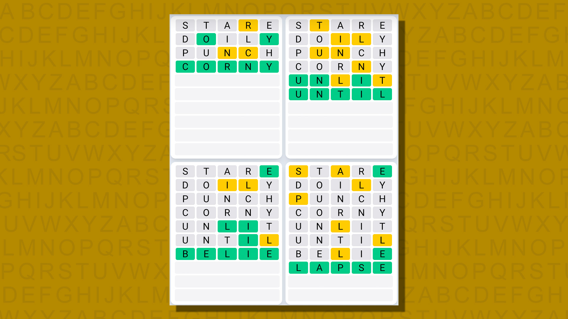 Quordle daily sequence answers for game 798 on a yellow background