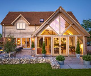 rear view of oak frame extension and garden