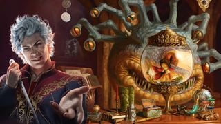 Asterion imposed over an image of Xanathar the Beholder as the latter inspects his goldfish