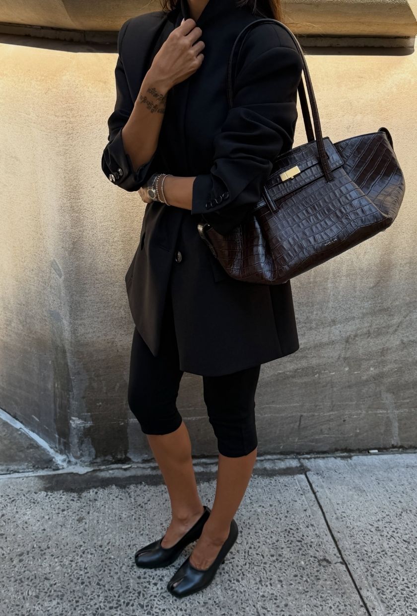 Woman wears black blazer, capri pants and carries Brooklyn bag by DeMellier