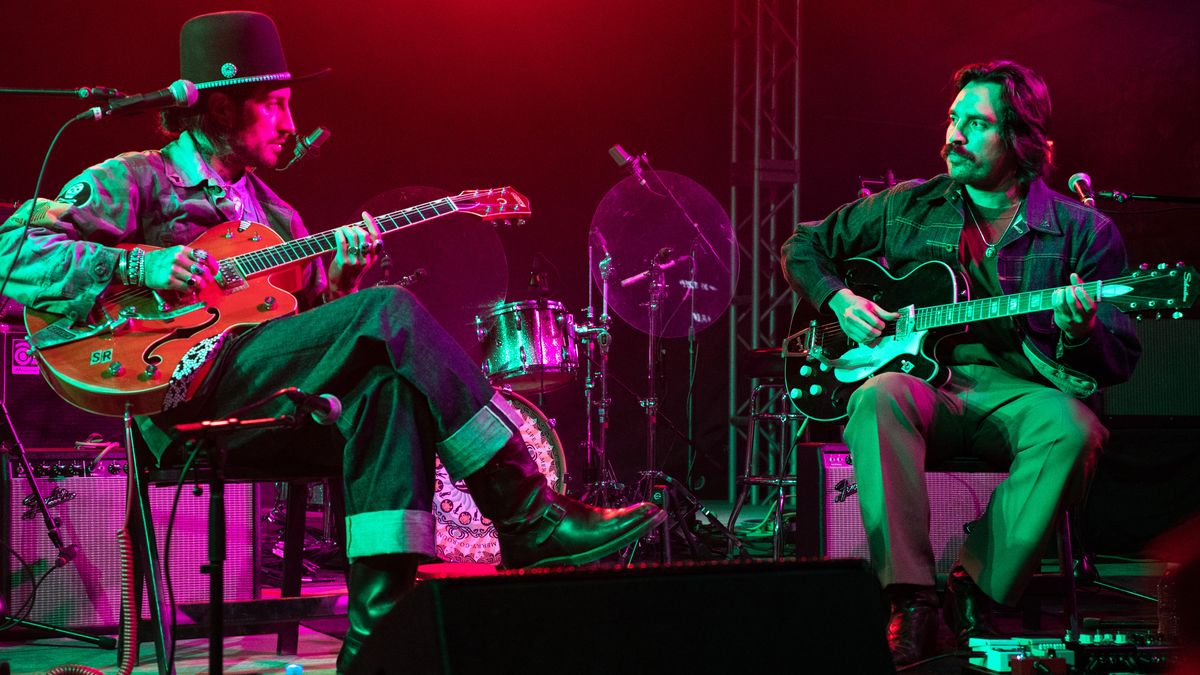 Estevan Gutierrez and Alejandro Gutierrez of Hermanos Gutierrez perform at Stubbs on March 15, 2023 in Austin, Texas. 