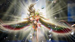 A mystical figure with angelic wings and vibrant colors, surrounded by musical notes and light.