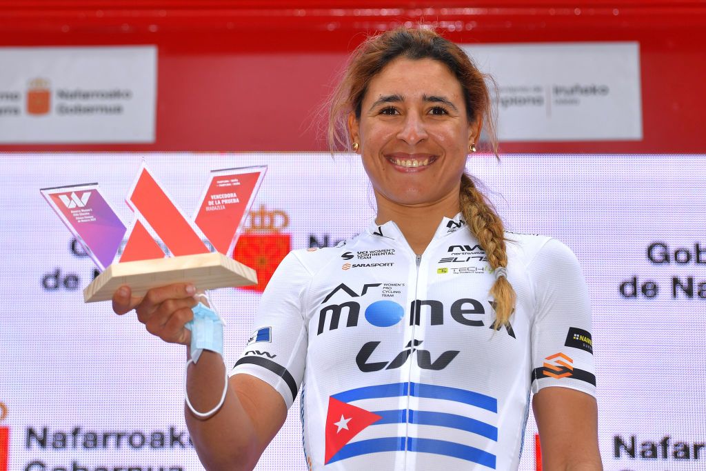PAMPLONA SPAIN MAY 14 Arlenis Sierra Caadilla of Cuba and AR Monex Womens Pro Cycling Team celebrates at podium during the 2nd Navarra Womens Elite Classics 2021 Stage 2 a 1258km stage from PamplonaIrua to PamplonaIrua Trophy Emakumeen Nafarroako Klasikoa VueltaNavarra NWE21 on May 14 2021 in Pamplona Spain Photo by Luc ClaessenGetty Images