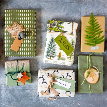 Gifts for gardeners beautifully wrapped and laid out on tabletop