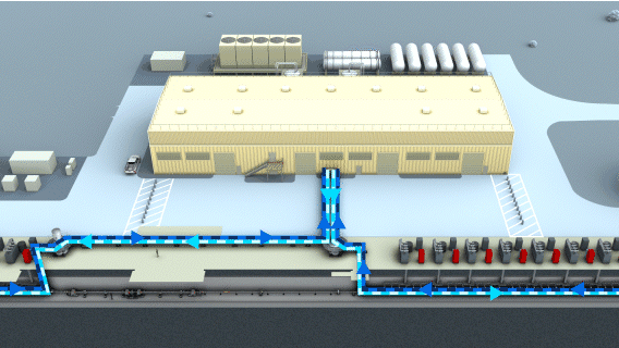 An animation shows the linac accelerator cryoplant cooling helium gas to its liquid phase.