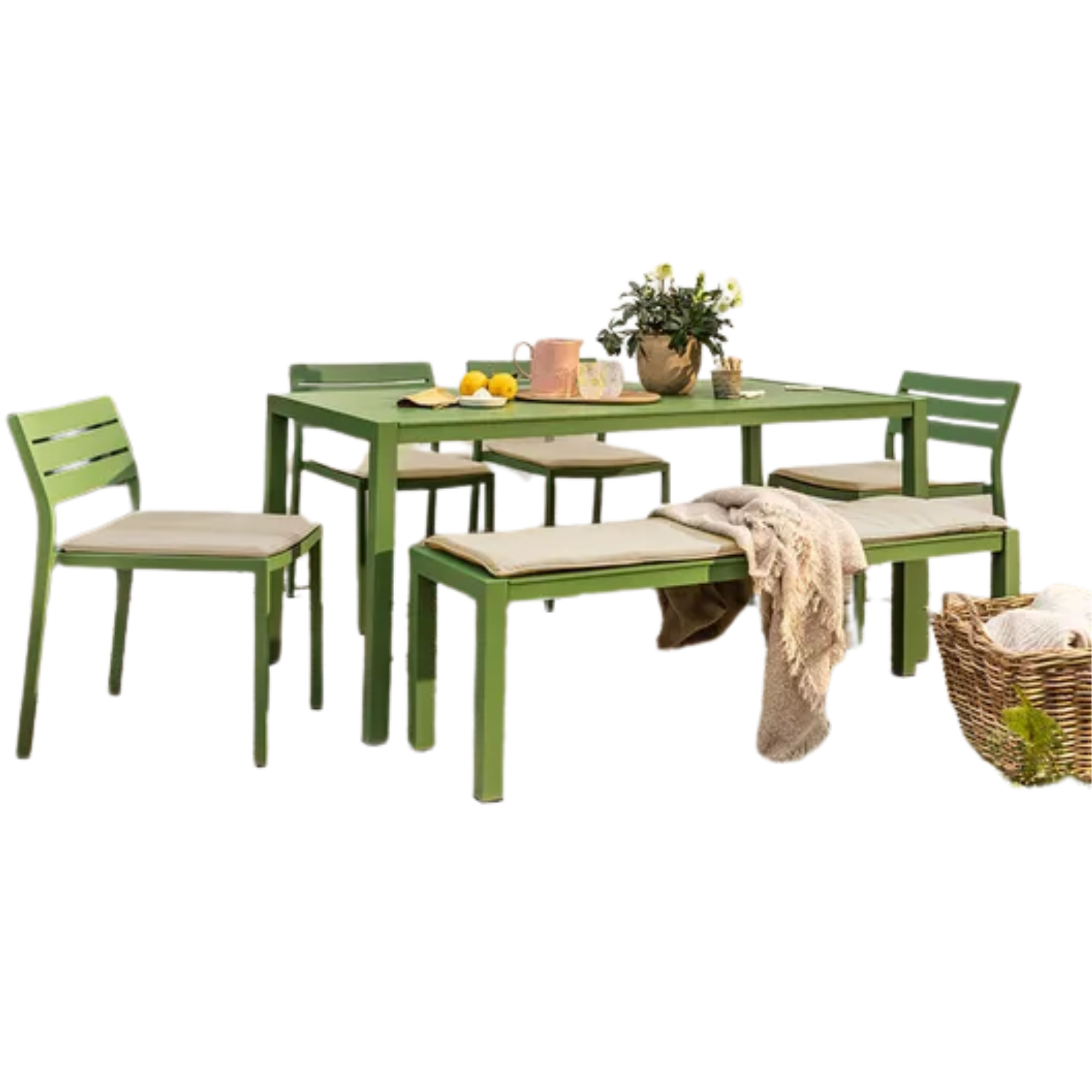an outdoor dining set with four green chairs, a bench, and a large green table holding a flower pot, a pitcher, and other miscellaneous objects 
