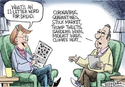 Political Cartoon U.S. crossword coronavirus stock market sanders climate change middle east