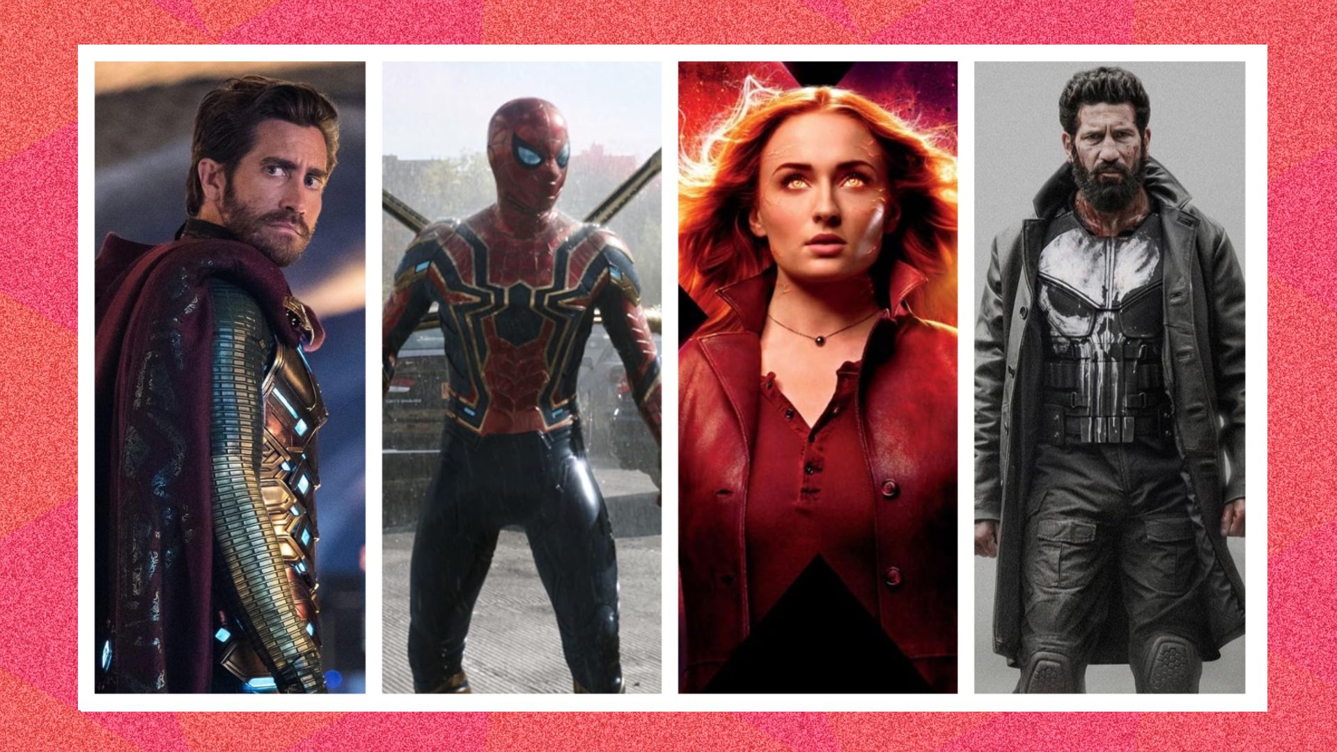 four images spliced together, from L-R Jake Gyllenhaal in Spiderman, Tom Holland in Spiderman, Sophie Turner in Dark Phoenix, and Jon Bernthal in Punisher: One Last Kill