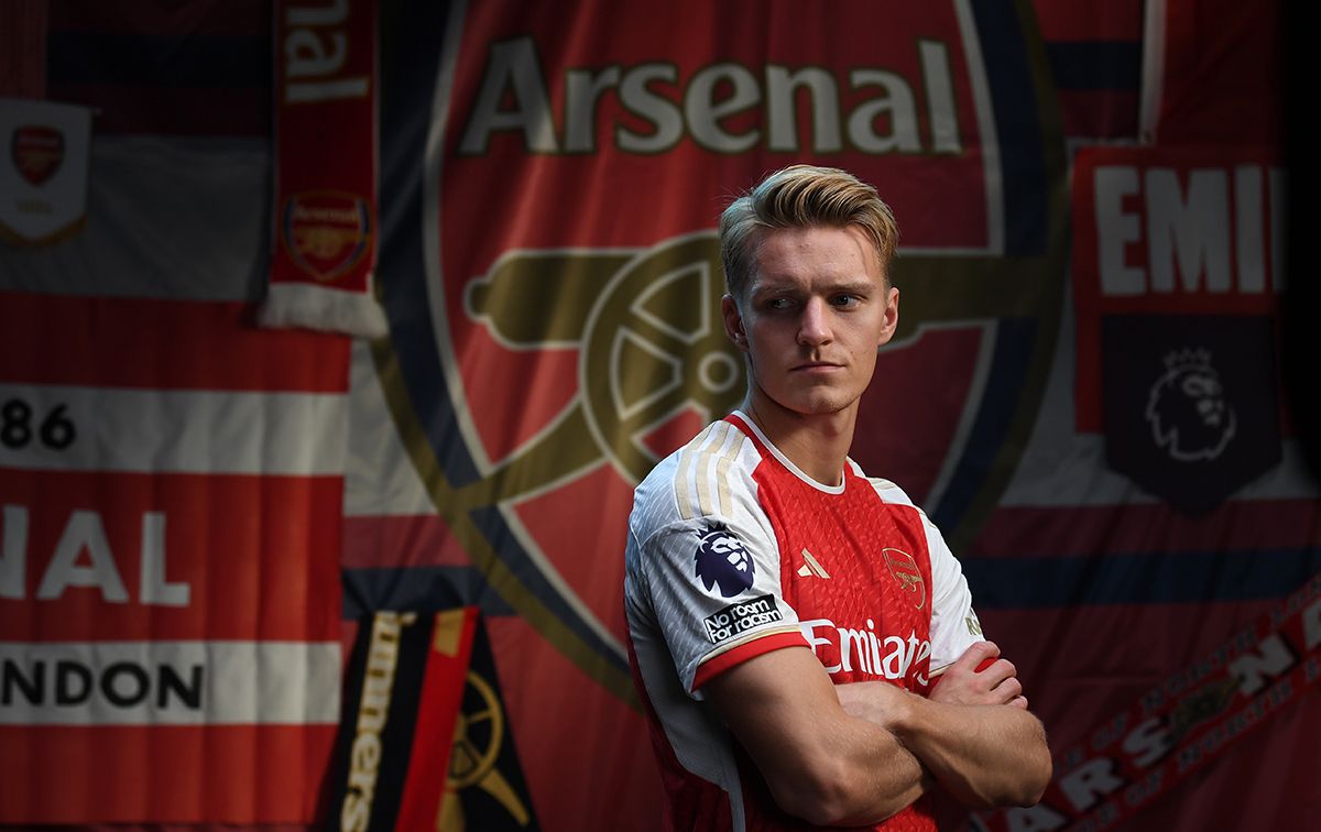 Arsenal captain Martin Odegaard during the Arsenal Men&#039;s team photocall at London Colney on August 08, 2023 in St Albans, England.