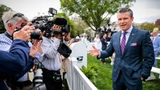 Defense Secretary Pete Hegseth talks to reporters at Easter egg roll