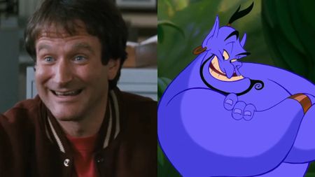Split Image: Robin Williams in Mrs. Doubtfire and Genie from Aladdin