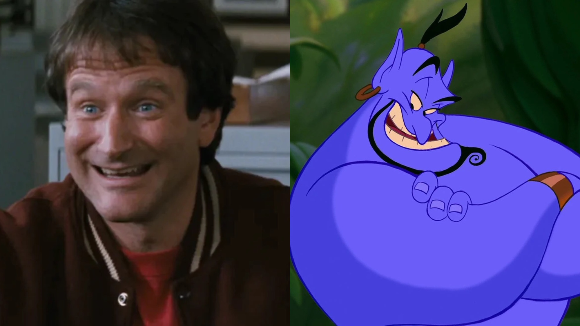 Split Image: Robin Williams in Mrs. Doubtfire and Genie from Aladdin