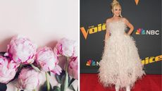 Pink peonies on a pink background next to Gwen Stefani in a pink fuzzy dress at a red carpet for The Voice