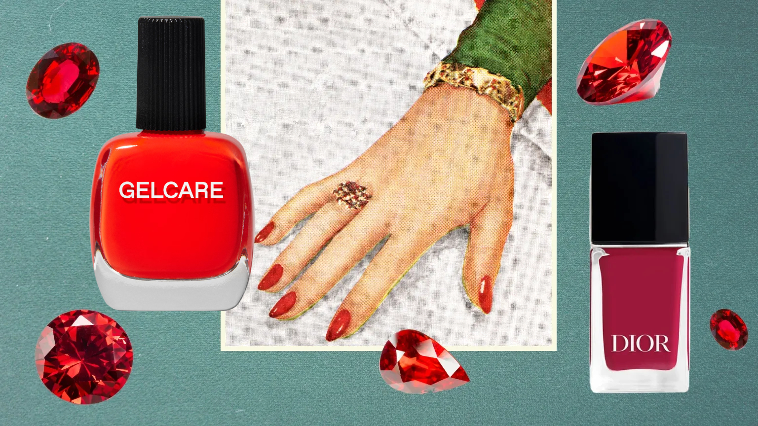 red nails on a painted model hand with two bottles of red nail polish, ruby gems, and a green background