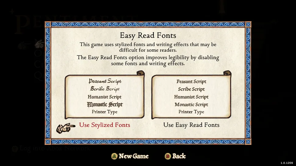 Изображение Pentiment, показывающее различные шрифты игры, а также более простые для чтения доступные шрифты.