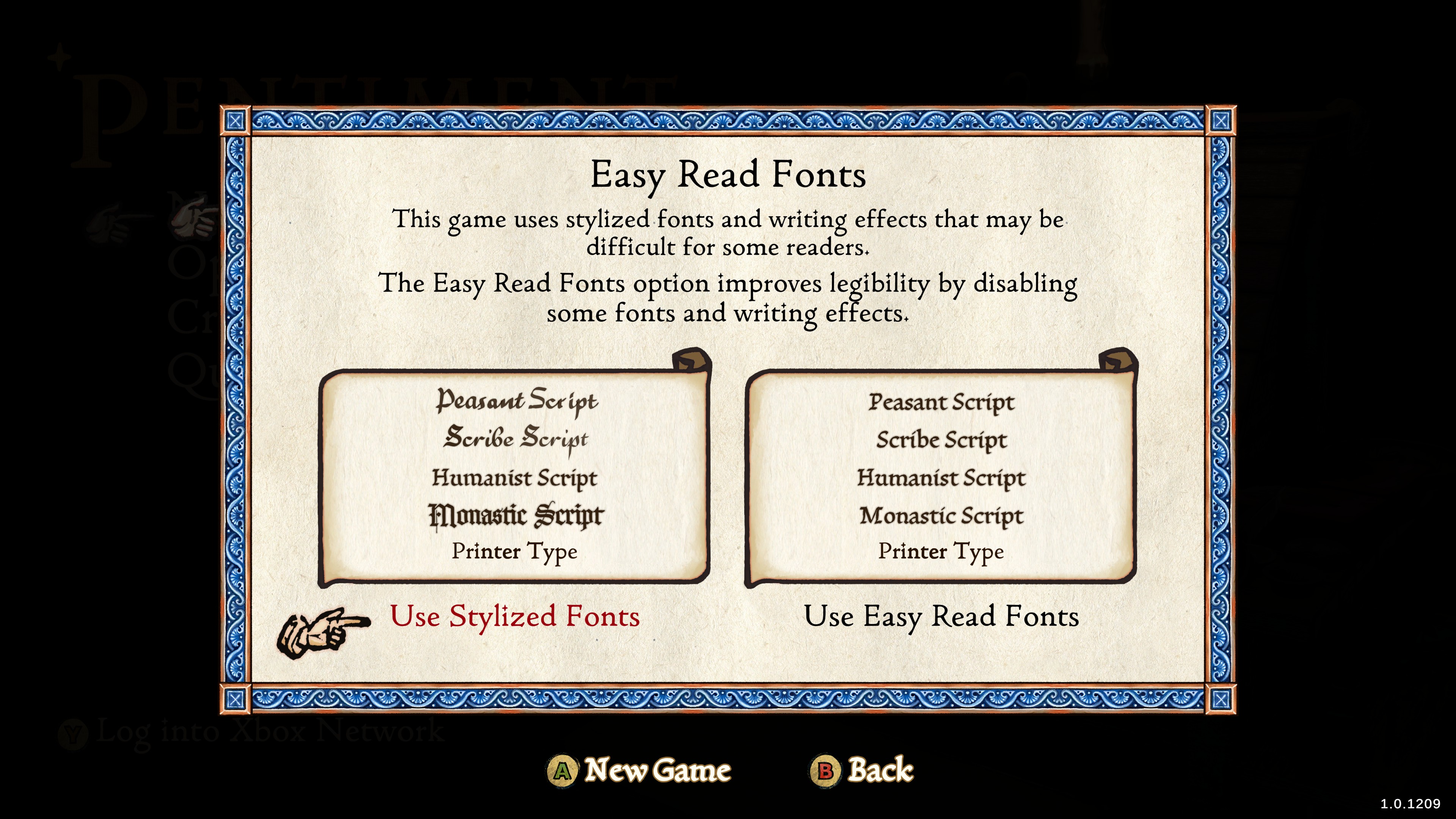 An image of Pentiment showing the game's various fonts, as well its easier-to-read accessible fonts.
