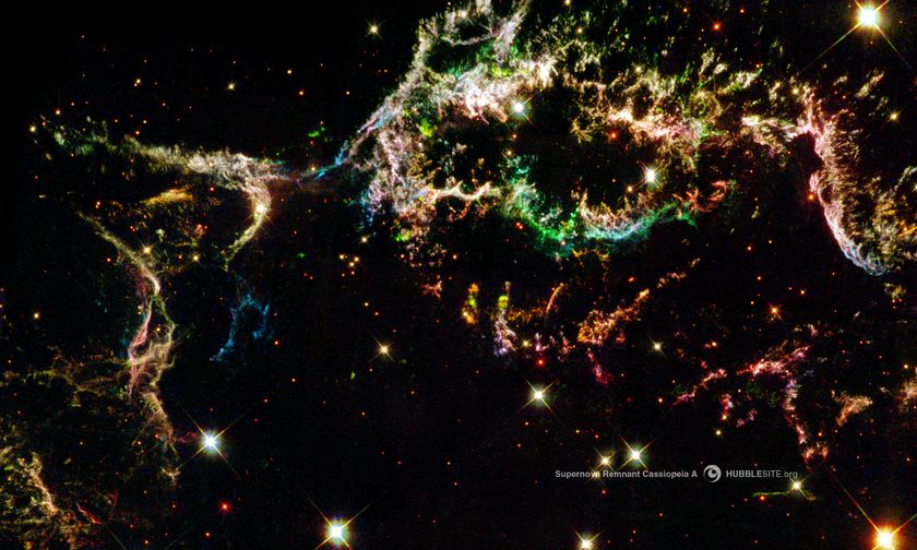 This stunning space wallpaper shows the youngest-known supernova remnant in our galaxy, which lies 10,000 light years away in the constellation Cassiopeia. The light from this exploding star first reached Earth in the 1600s.