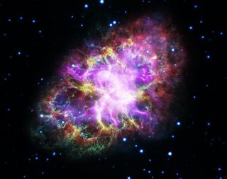 An image of the Crab Nebula created from combined data from five different telescopes: the VLA (radio) in red; Spitzer Space Telescope (infrared) in yellow; Hubble Space Telescope (visible) in green; XMM-Newton (ultraviolet) in blue; and Chandra X-ray Observatory (X-ray) in purple.