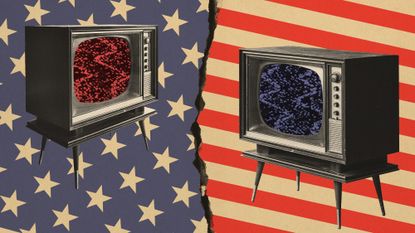 Photo collage of two retro-style TVs showing static on a red-and-blue background, split down the middle by a graphic crack
