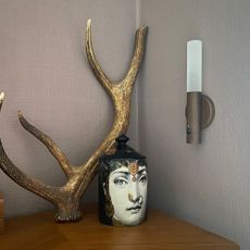 wall light on a wall beside a shelf with a decorative pot and a deer antler