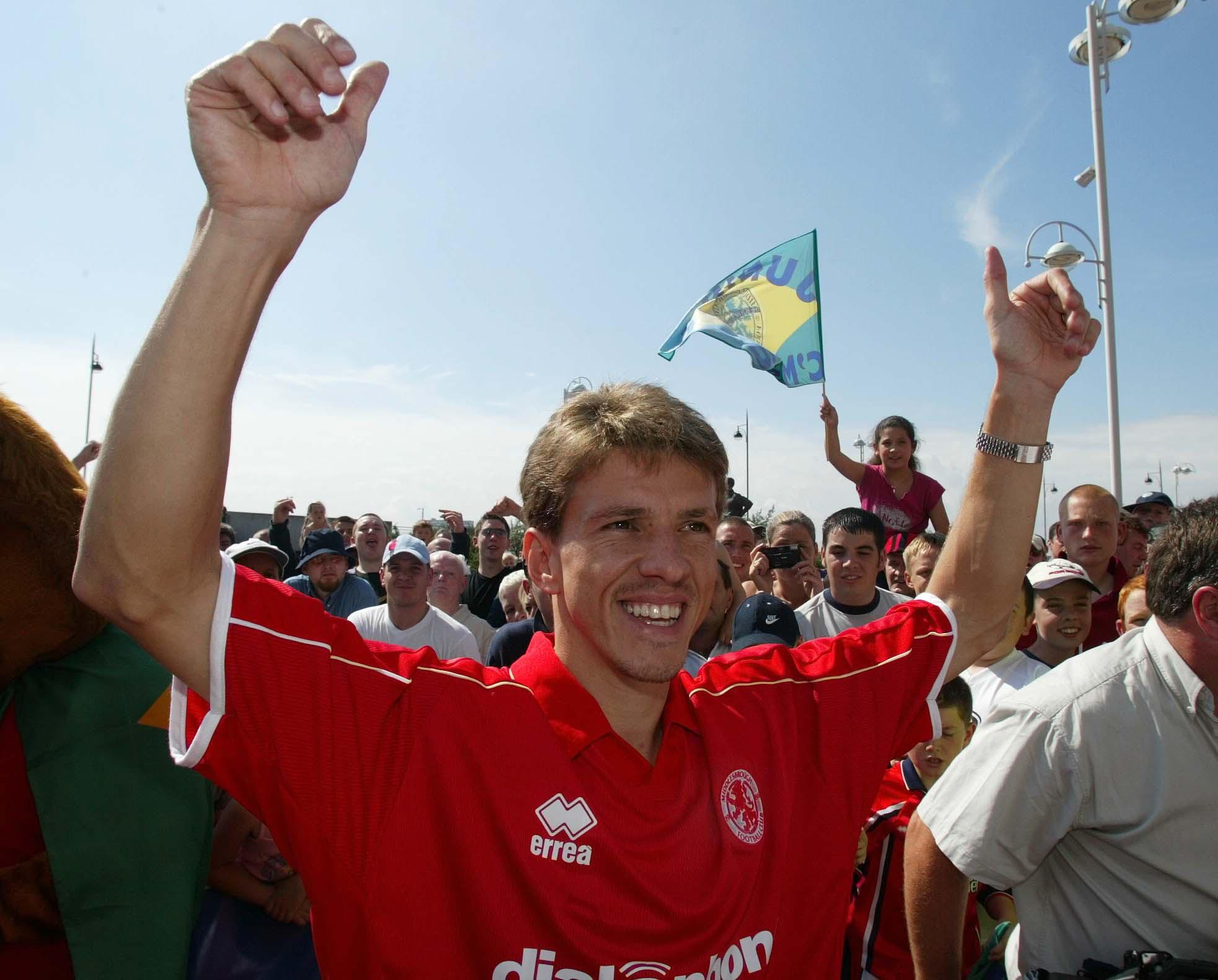 Juninho greets fans after signing for Middlesbrough for the third time, 2002