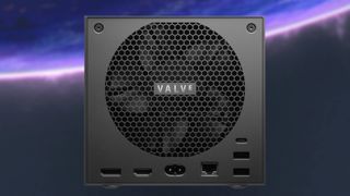 Back view of Steam Machine with blurred space SteamOS desktop wallpaper in backdrop.