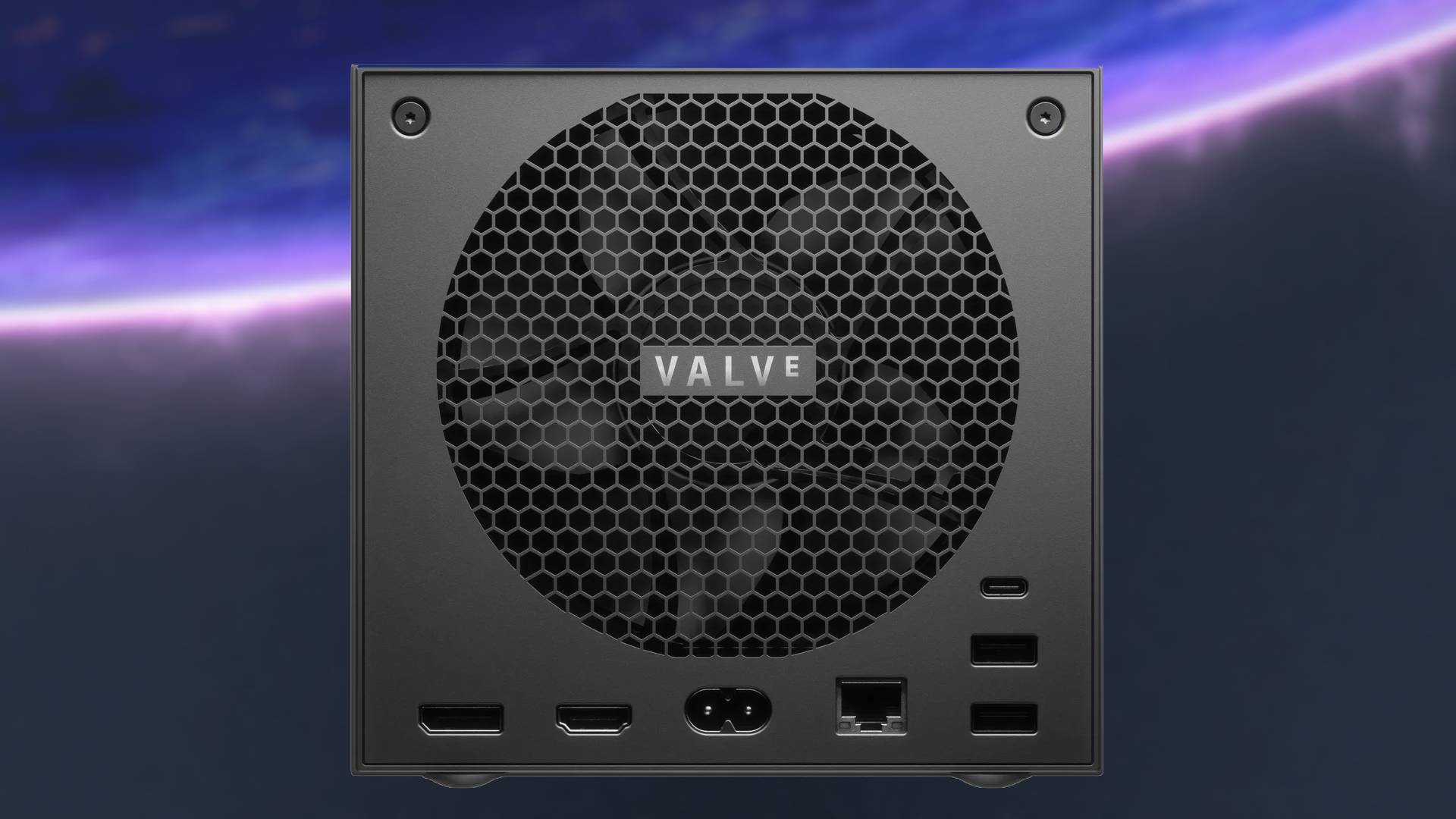 Back view of Steam Machine with blurred space SteamOS desktop wallpaper in backdrop.