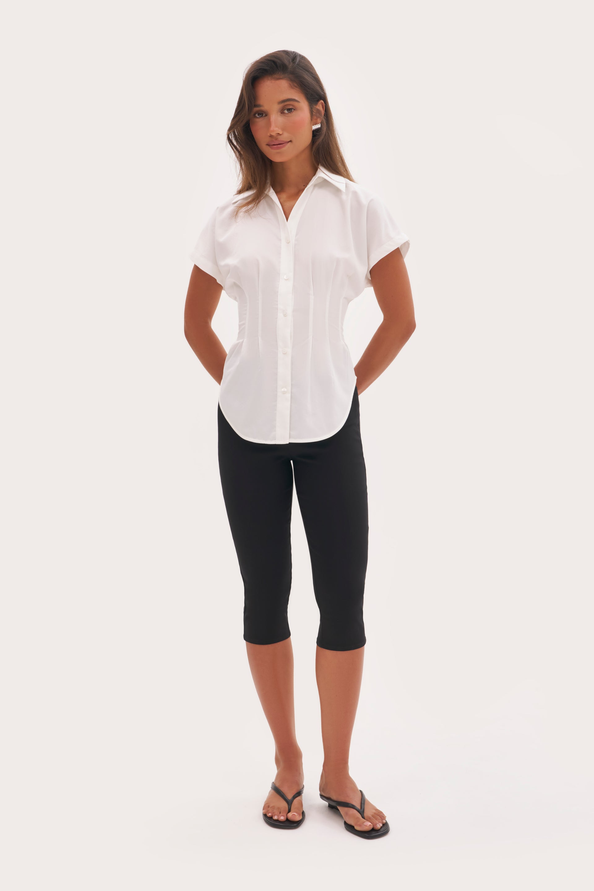 Cap Sleeve Cinched Shirt - White - Uk 4
