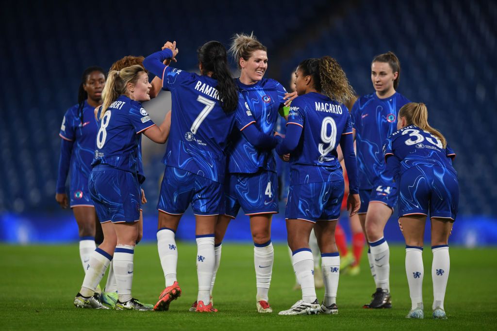 Mayra Ramirez of Chelsea celebrates with teammates after scoring her team&#039;s third goal during the UEFA Women&#039;s Champions League match between Chelsea FC and FC Twente at Stamford Bridge on December 11, 2024 in London, England.