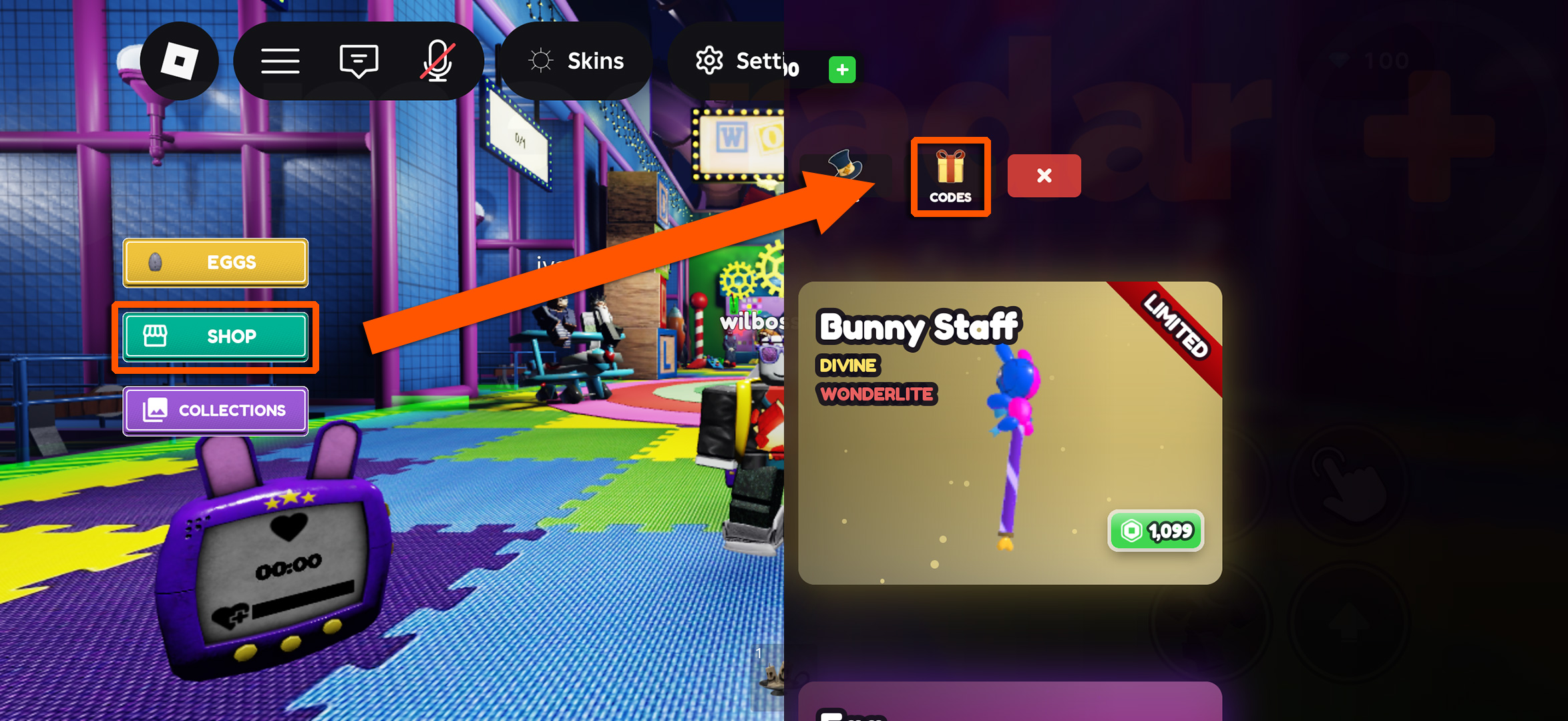 An arrow showing how to access the menu to redeem Wonderland codes