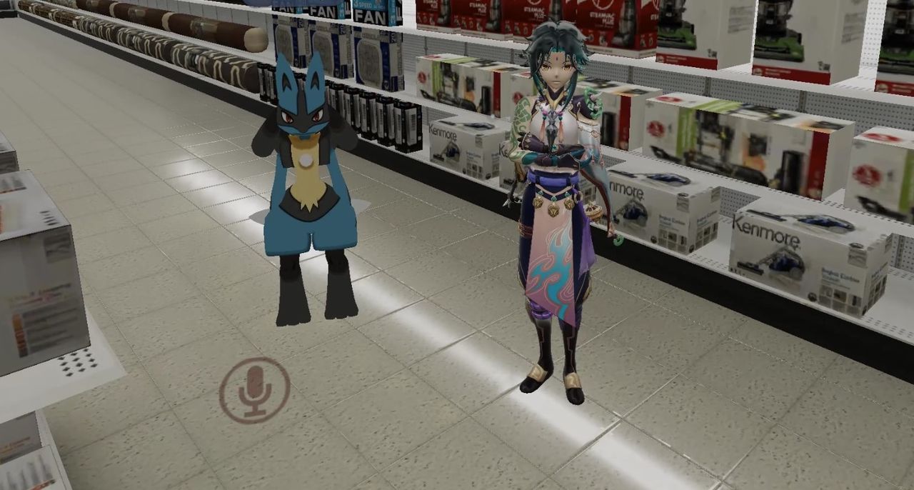Lucario and an anime girl standing in Kmart aisle, staring at camera.