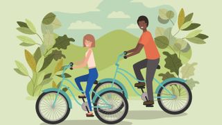 Cartoon young couple riding bicycles in the park
