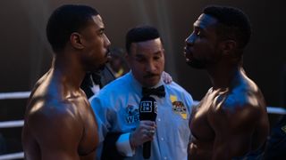 Michael B. Jordan as Adonis Creed and Jonathan Majors as Damian Anderson in Creed 3