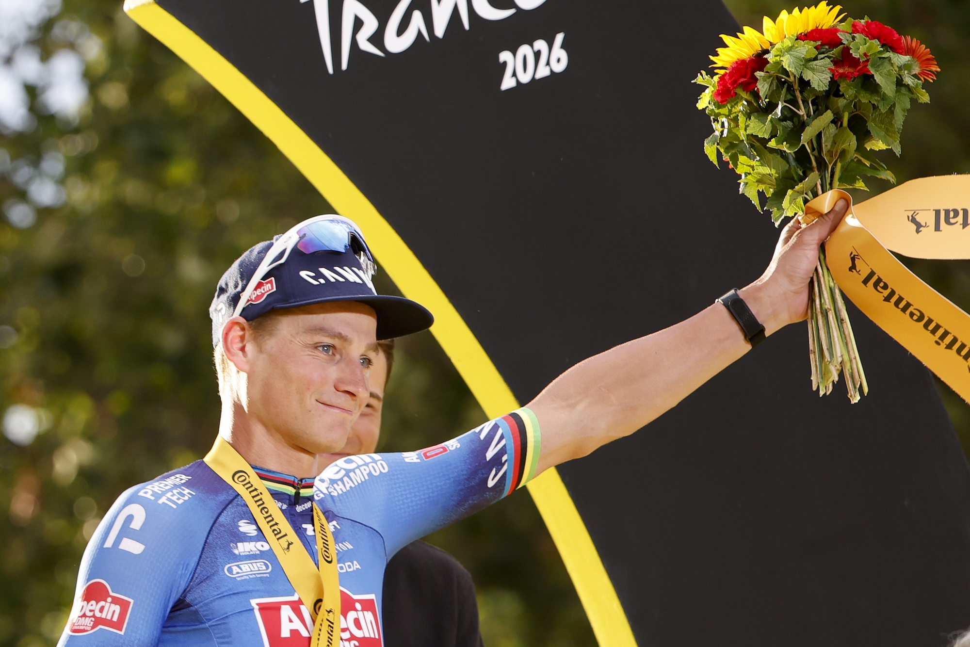 Mathieu Van der Poel of Alpecin - Premier Tech celebrates winning stage 21 of 2026 Tour de France