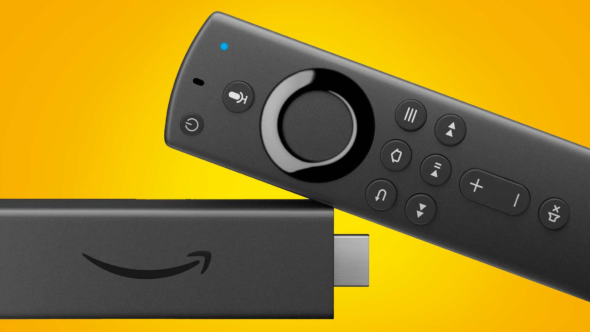 The Amazon Fire Stick 4K on a yellow background