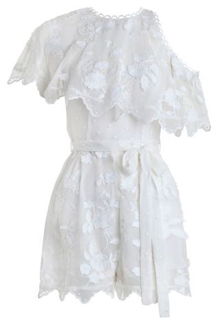 White, Clothing, Dress, Ruffle, Sleeve, Lace, Shoulder, Robe, Outerwear, Day dress,