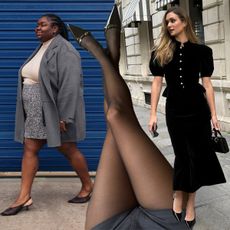 a collage of influencers wearing black slingback heels