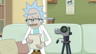 Rick Sanchez reading lines with a camera pointed at an actor who is not seen.