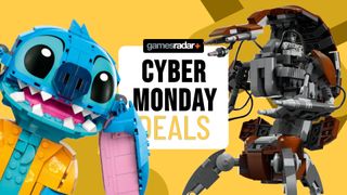 Lego Stitch and Droideka on either side of a 'Cyber Monday deals' badge, all against a yellow background