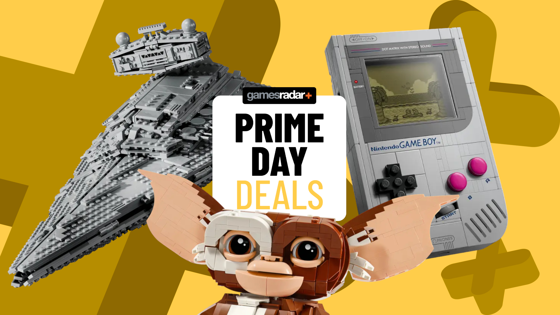 Lego Imperial Star Destroyer, Gizmo, and Game Boy surrounding a GamesRadar+ &#039;Prime Day Deals&#039; badge, all on a yellow background