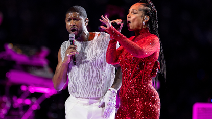 Usher performs with Alicia Keys during the Apple Music halftime show at the NFL Super Bowl 58 football game between the San Francisco 49ers and the Kansas City Chiefs at Allegiant Stadium on February 11, 2024 in Las Vegas, Nevada.