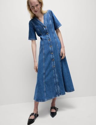 Denim V-Neck Button Through Midi Skater Dress