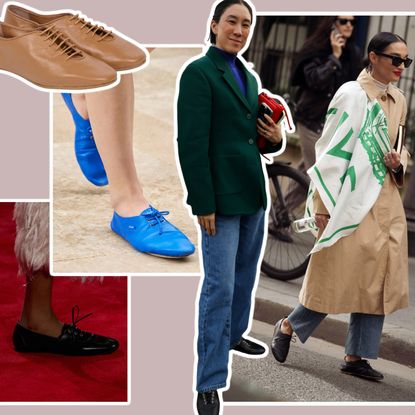 a collage of women wearing lace-up derby shoes