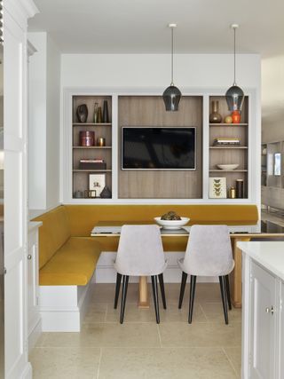 Martin Moore Muswell Hill English kitchen with mustard yellow seating