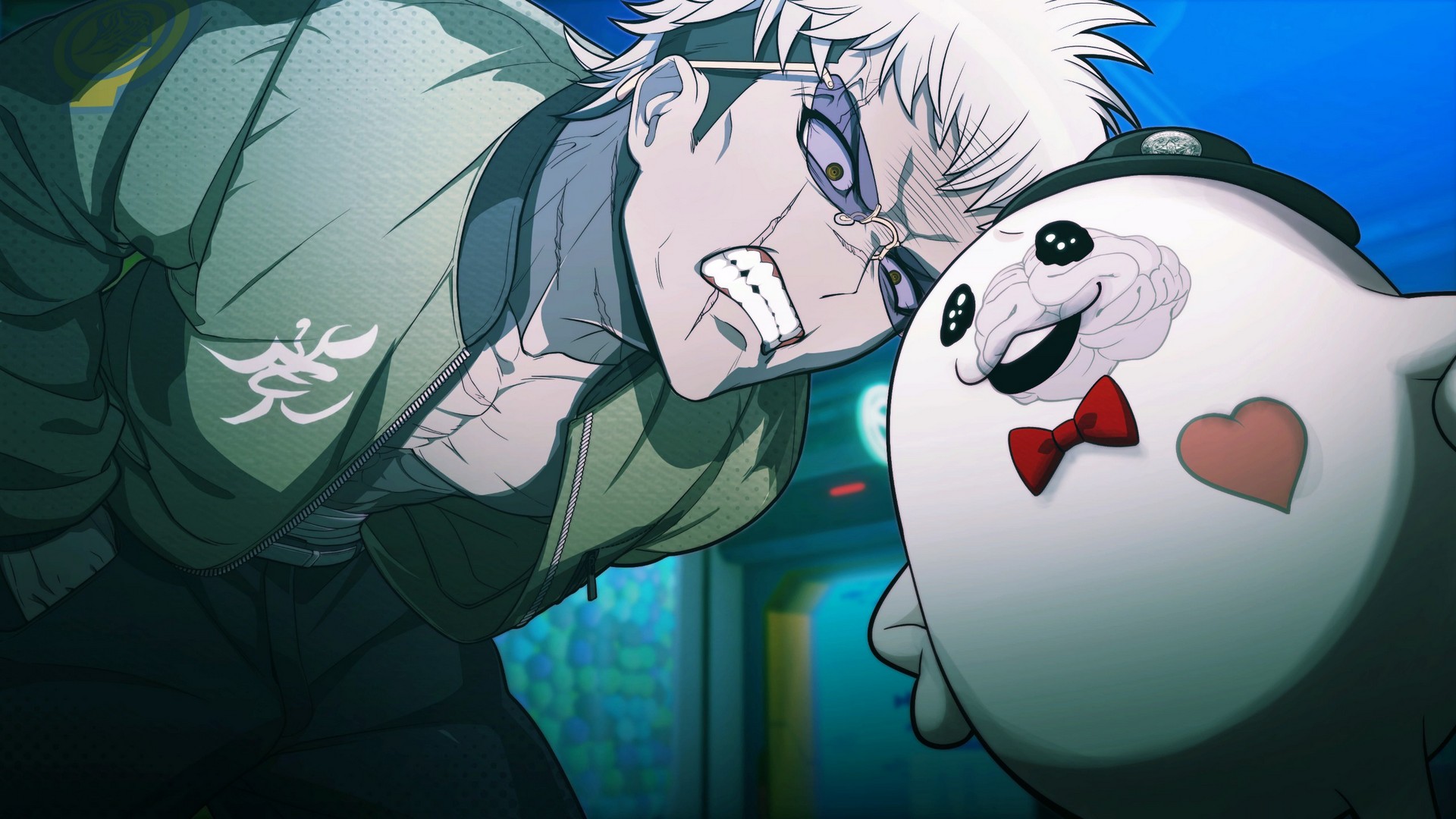 Biker punk Takemaru literally butts heads with Sirei, a ghostly mascot creature with a brain inside his see-through body, in The Hundred Line: Last Defense Academy